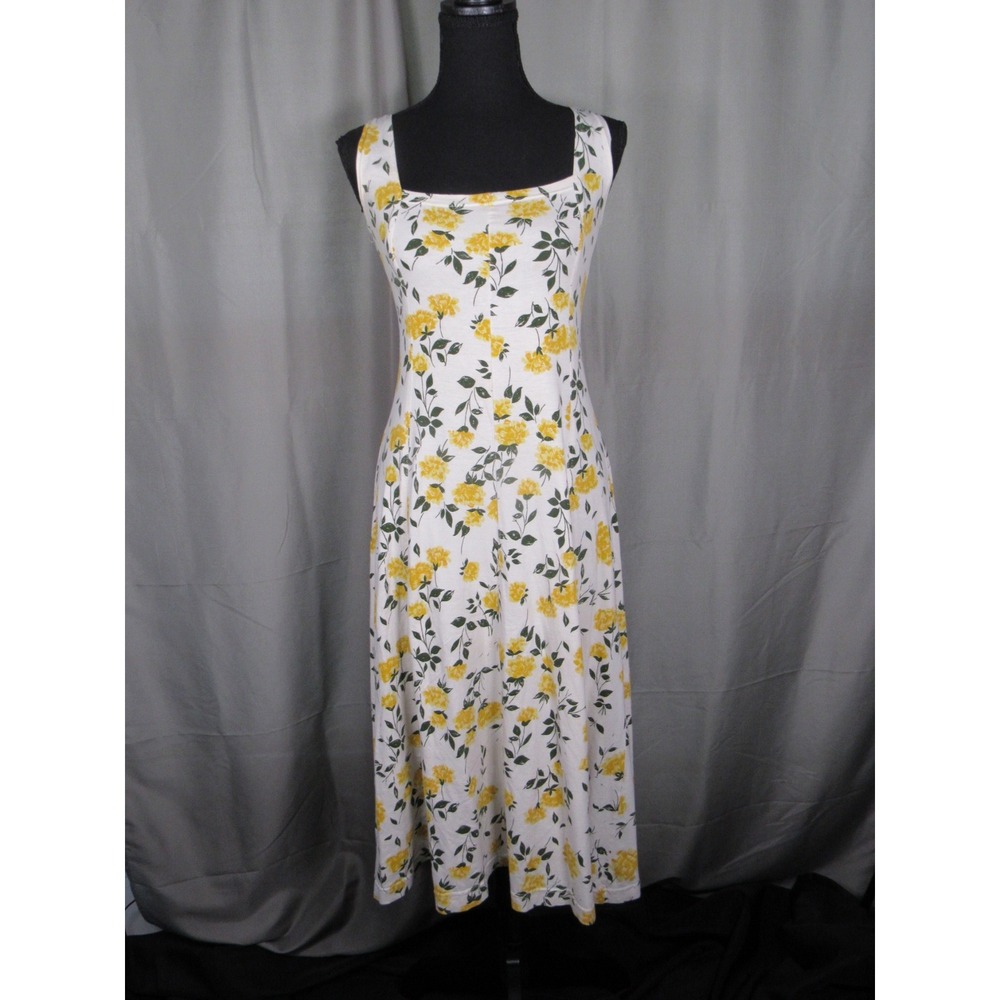 Vintage Cotton Yellow Floral Square Neck Sleeveless Midi A-Line Dress Size Small